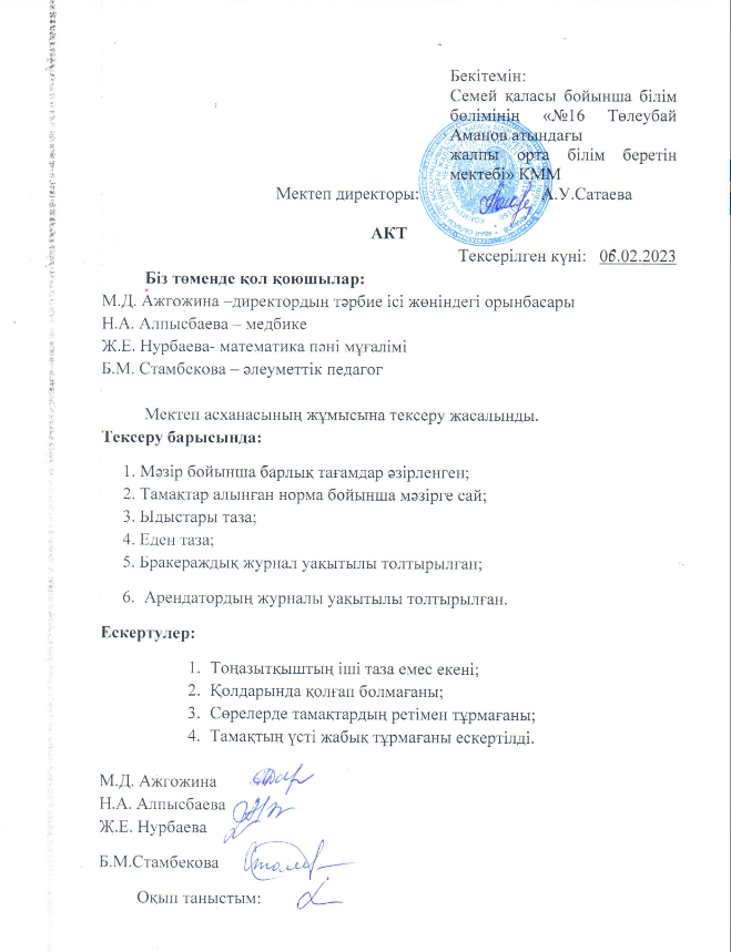 Мектеп асханасының жұмысын тексеру туралы АКТ