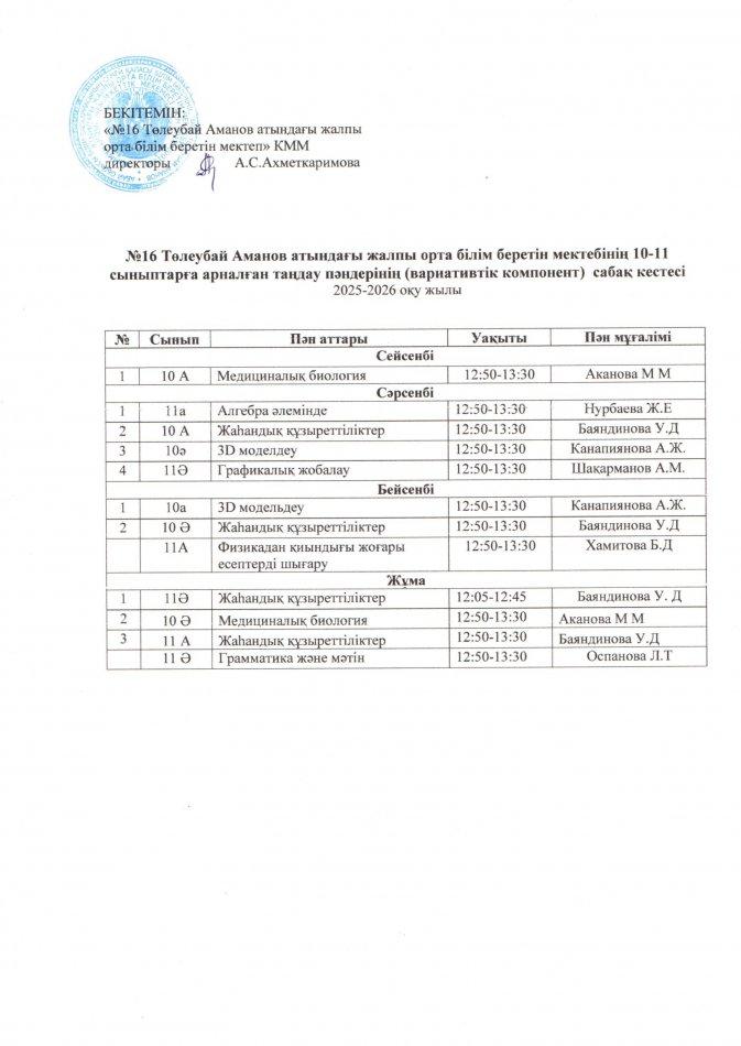 10-11 сынып таңдау пәндерінің сабақ кестесі 2025-2026 оқу жылы