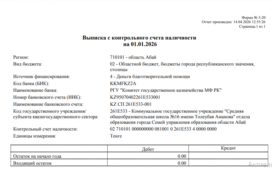 Выписка с контрольного счета наличности  на 01.01.2026